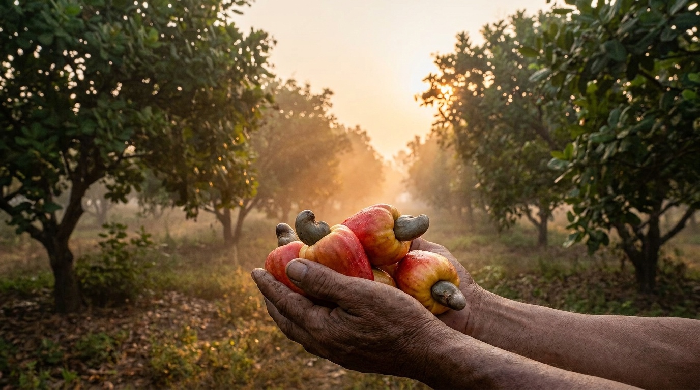A farmer's hands holding freshly harvested cashew apples in a Cambodian orchard at sunrise