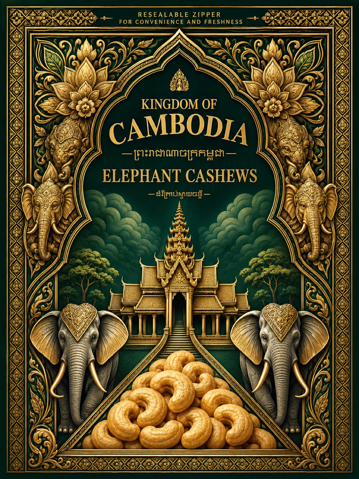 Elephant Cashews front pack artwork: Kingdom of Cambodia lockup, gold temple, flanking elephants, and cashews