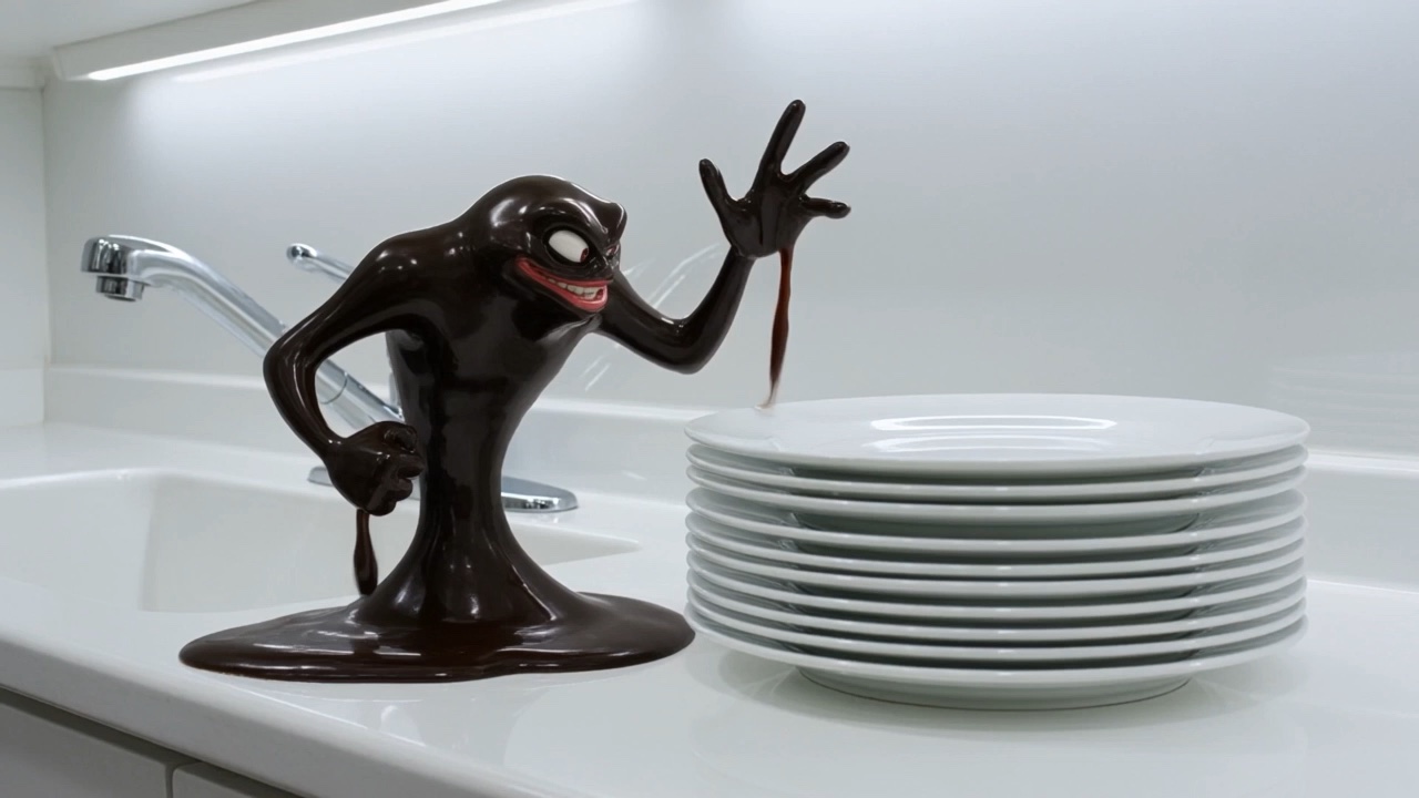 Dish soap concept, grease monster at the sink