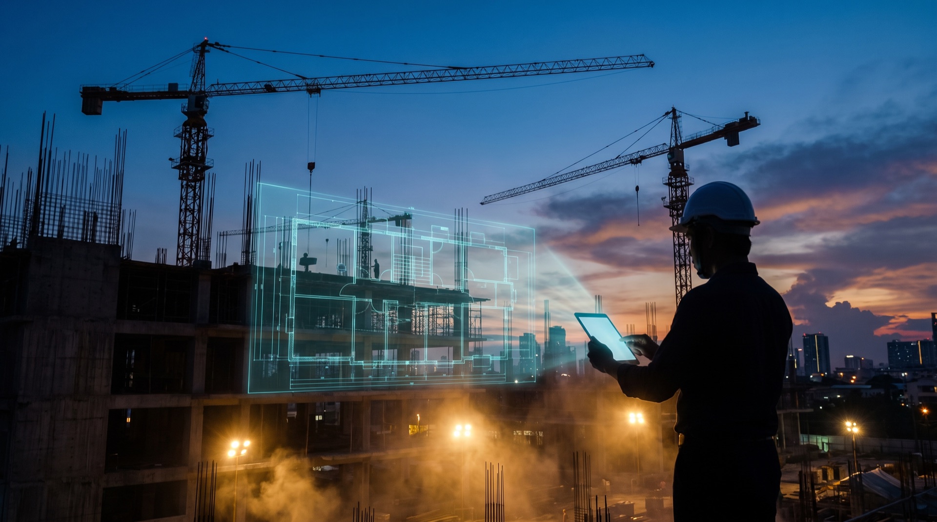 Engineer reviewing a holographic building overlay on an active construction site at dusk