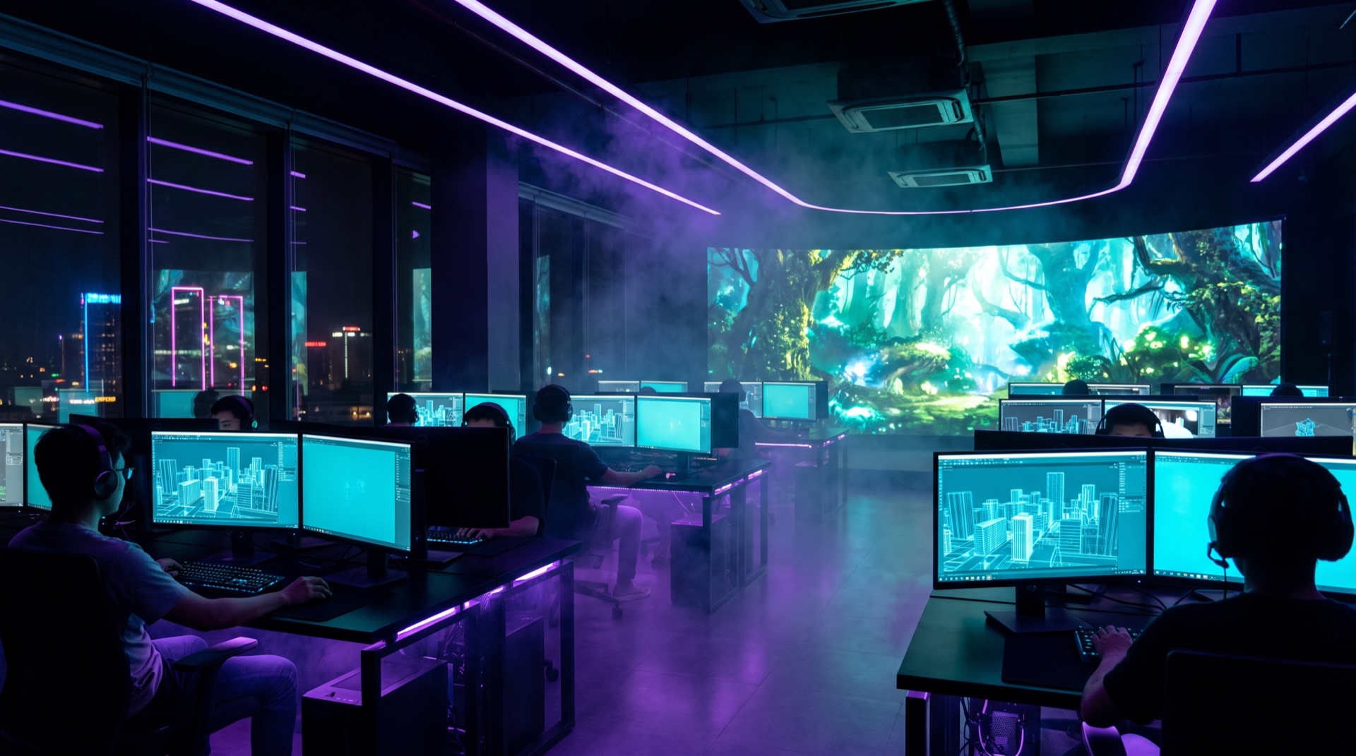Imajineer game studio floor, engine editors and screen wall