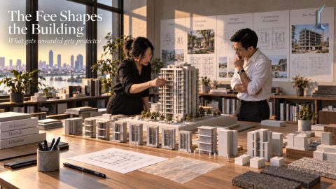 Architect reviewing a fee proposal beside mid-rise drawings in Phnom Penh, illustrating architecture fee structures.