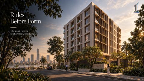 Parametric design study of a tropical mid-rise facade showing shading fin options tested against annual sun paths