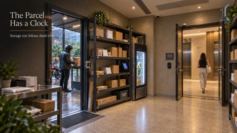 Parcel room design in a tropical mid-rise, open shelving and a courier door on the service side of a resident lift lobby