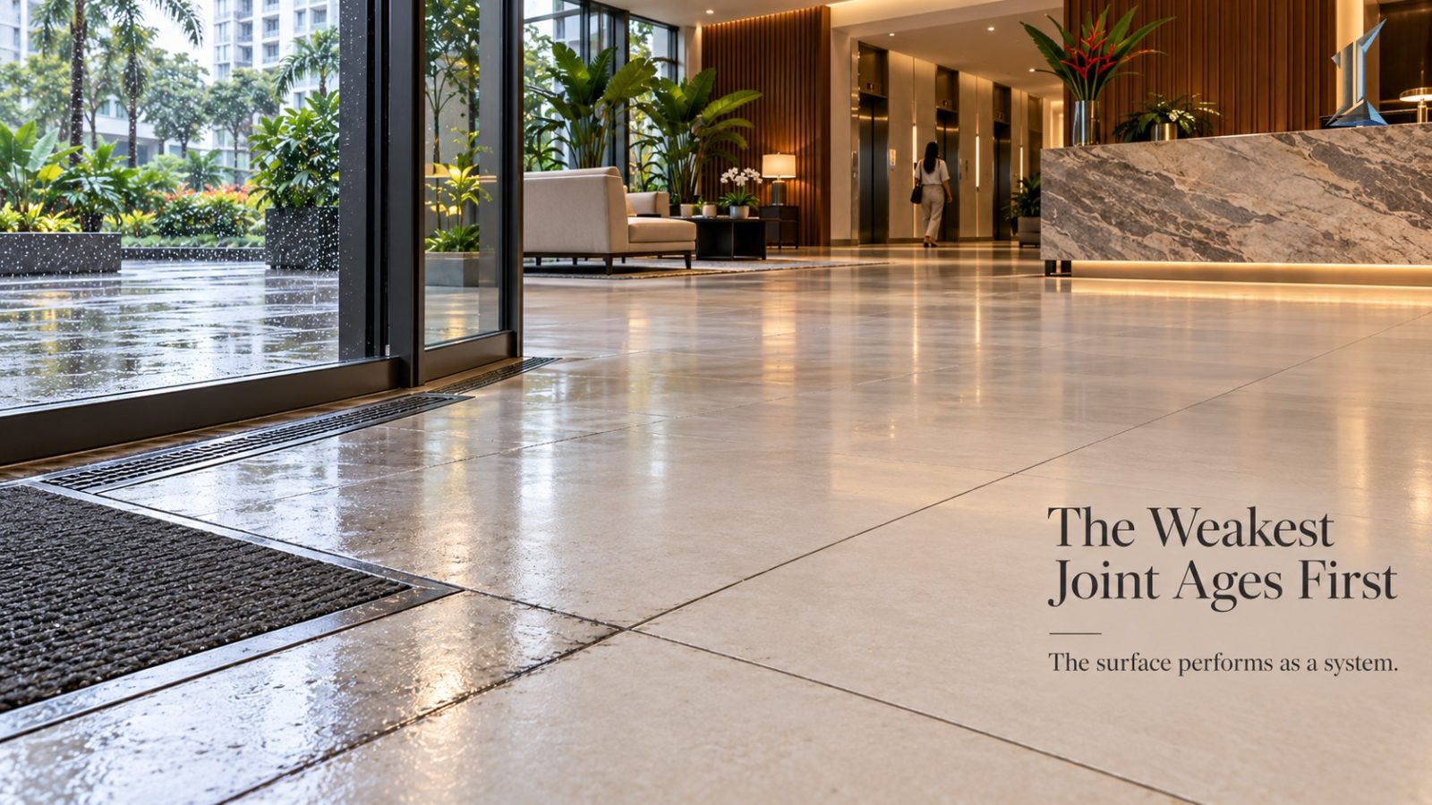 Tropical surface materials in a residential lobby: polished granite floor meeting fine, tightly sealed grout joints.