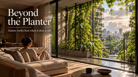 Biophilic design in a tropical residential building, a planted facade shading west-facing glass in Phnom Penh.