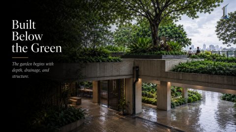 Podium garden on a mid-rise building showing landscape as infrastructure with soil depth and drainage layers over a slab.