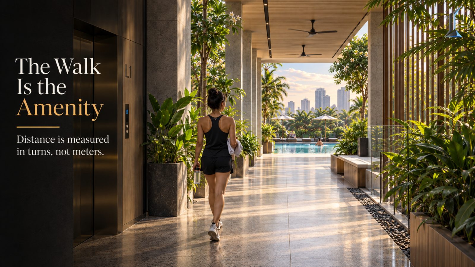 A resident walking a shaded outdoor path toward a mid-rise pool deck in Phnom Penh, illustrating amenity proximity by foot.