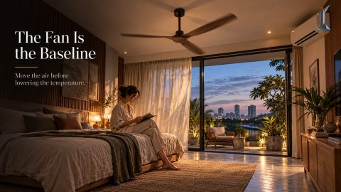 Ceiling fan in a bright tropical Phnom Penh apartment with air conditioning, part of a hybrid cooling strategy