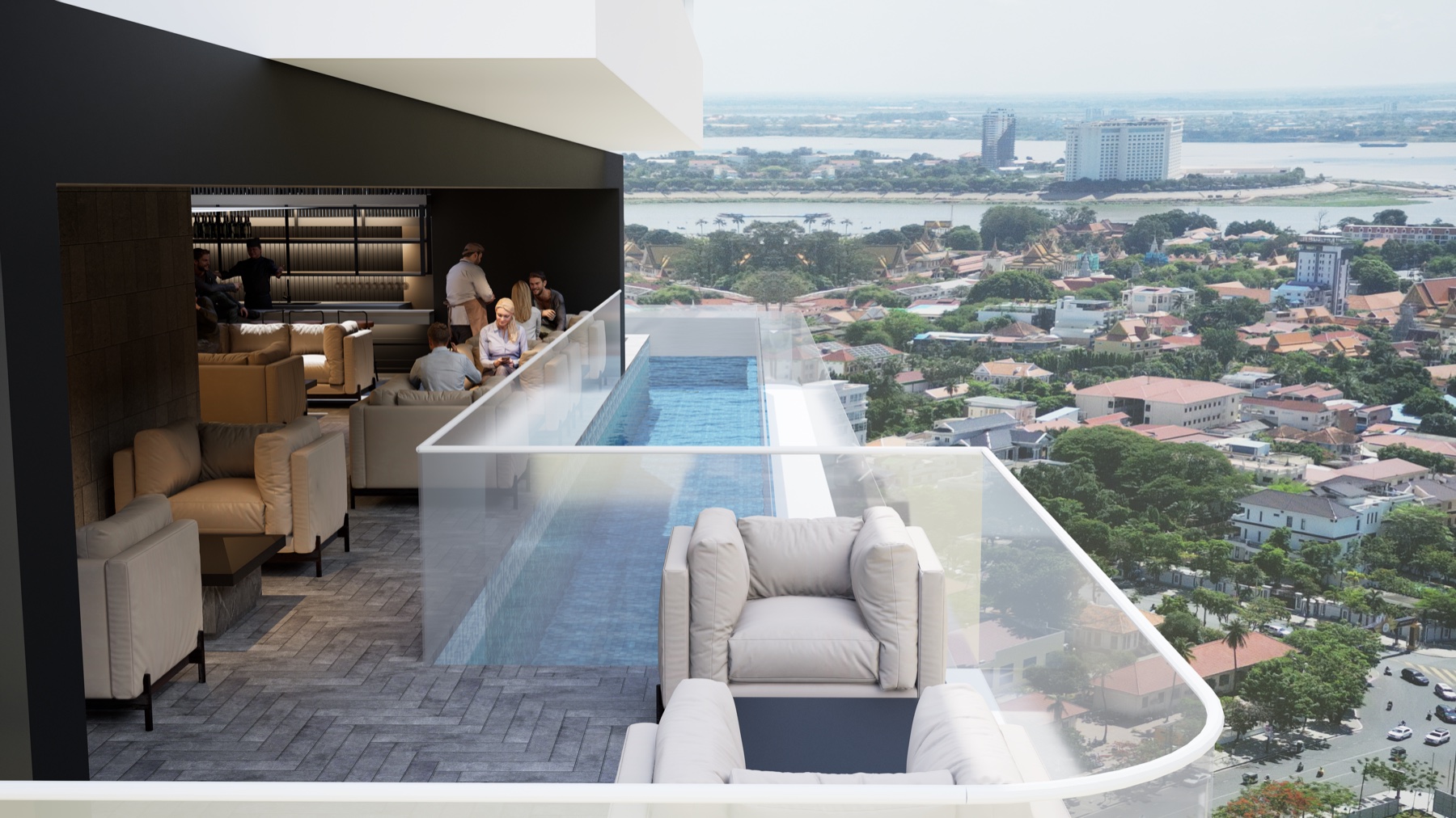 LA Residence sky bar, lap pool and lounge on the 28th floor looking over the city