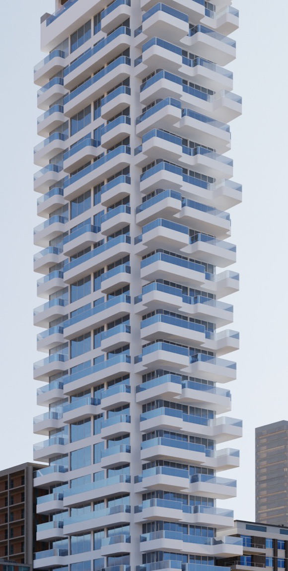 LA Residence, stacked balcony tiers stepping across the facade
