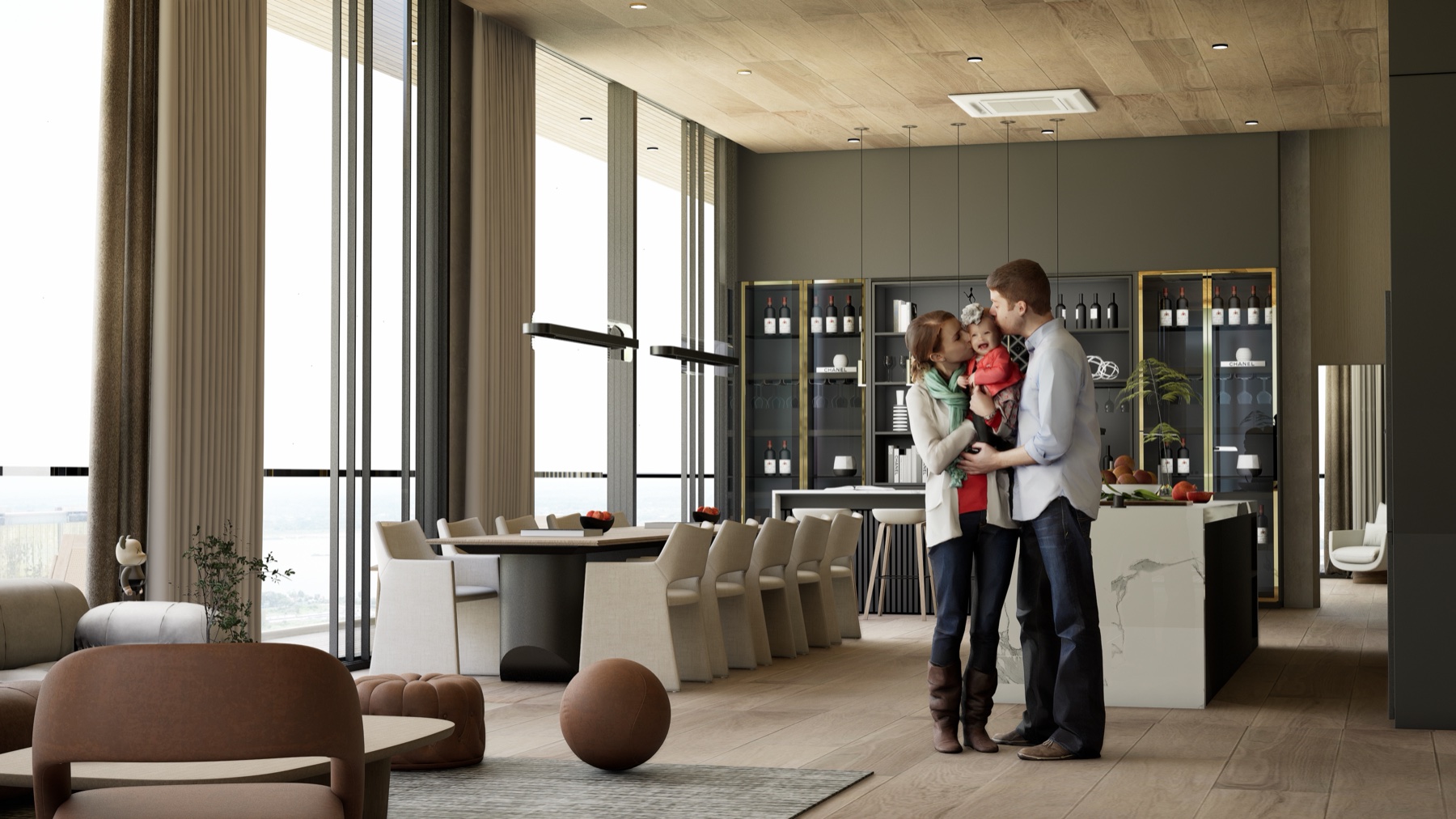 LA Residence interior, double-height sliding glass opening the living space to the terrace