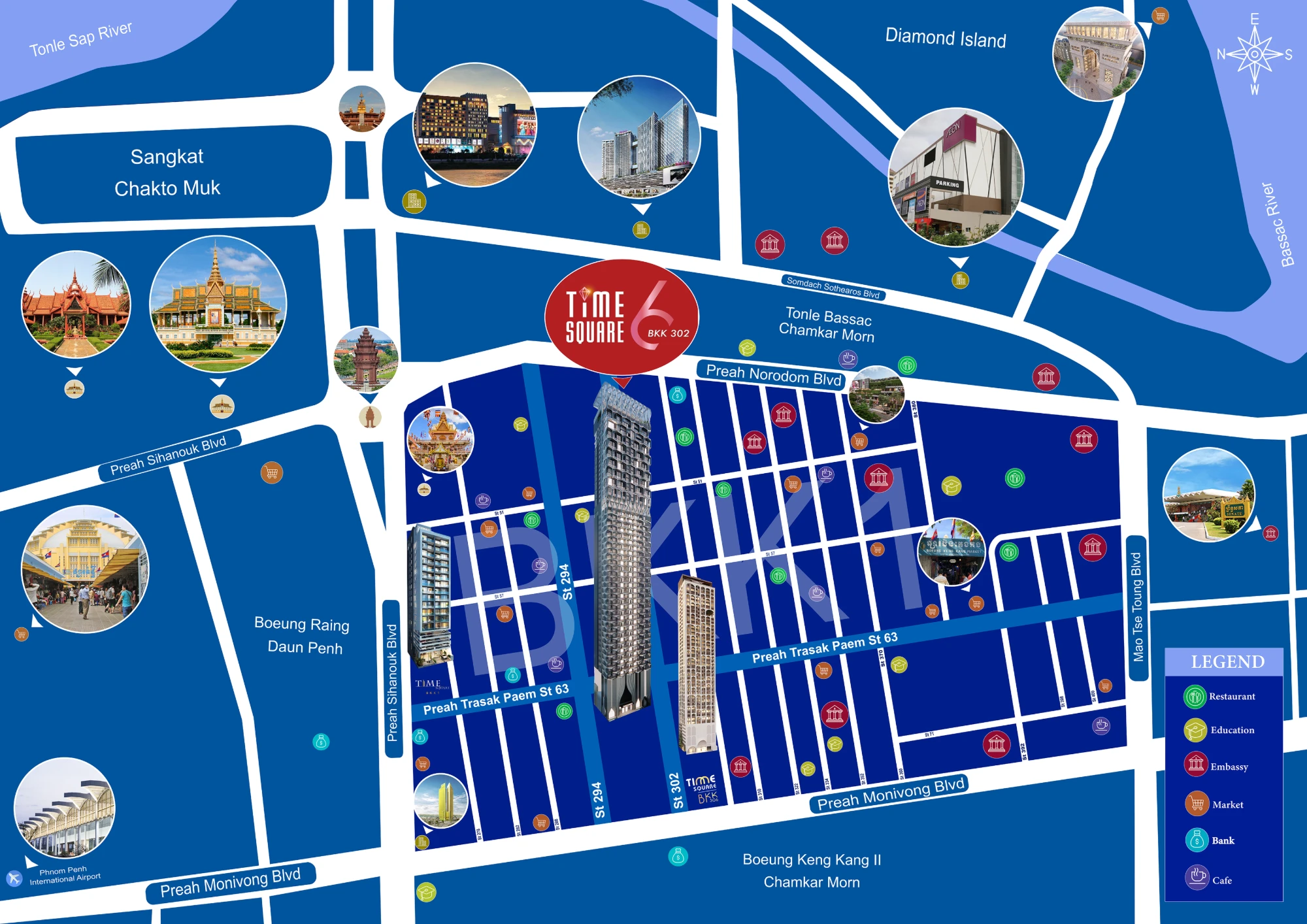 Time Square 6 market map: the tower at BKK 302 with surrounding restaurants, embassies, markets, banks, schools, and landmarks across BKK 1